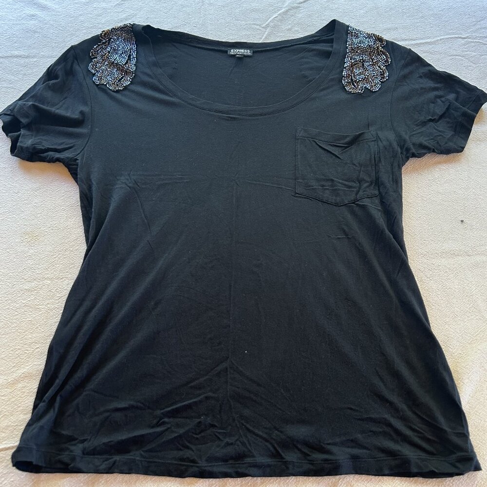 Express | Women's T Shirt with Beaded Shoulders Size L